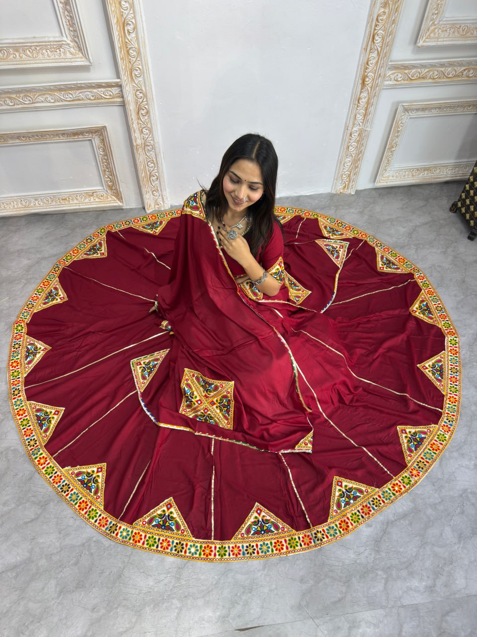 Maroon mirror work Navratri lehenga choli with dupatta for dandiya
