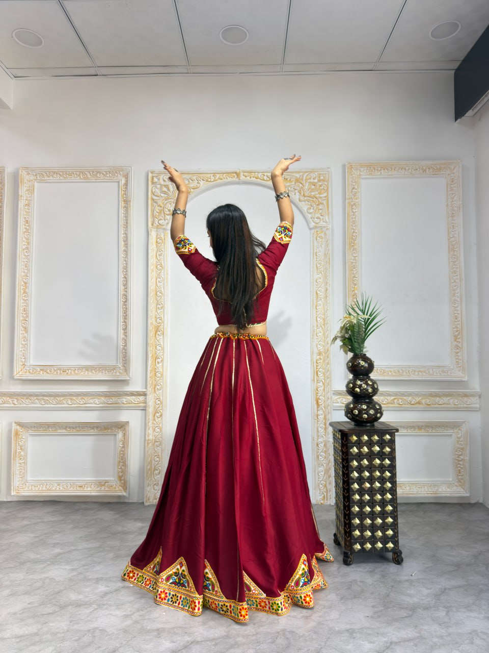 Traditional Gujarati Navratri chaniya choli maroon with mirror work for garba
