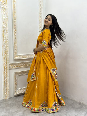 Navratri lehenga mustard yellow with multicolour patch work and embroidered dupatta
