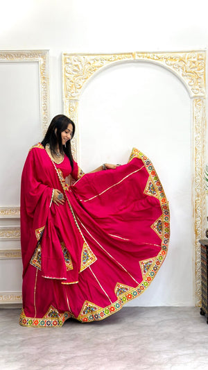 Navratri lehenga rani pink with multicolour patch work and embroidered dupatta
