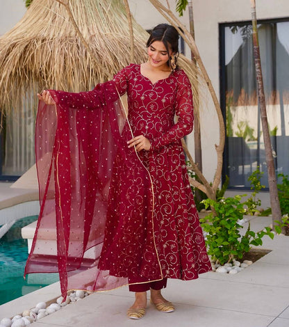 Maroon Georgette With Embroidery Sequence Work Anarkali Salwar Suit
