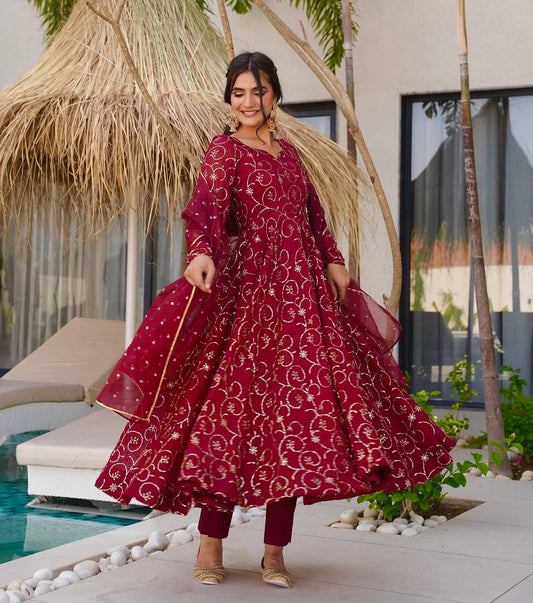 Maroon Georgette With Embroidery Sequence Work Anarkali Salwar Suit