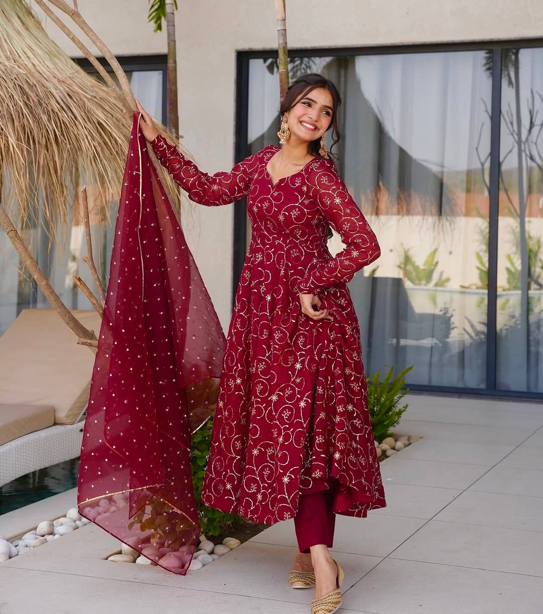 Maroon Georgette With Embroidery Sequence Work Anarkali Salwar Suit