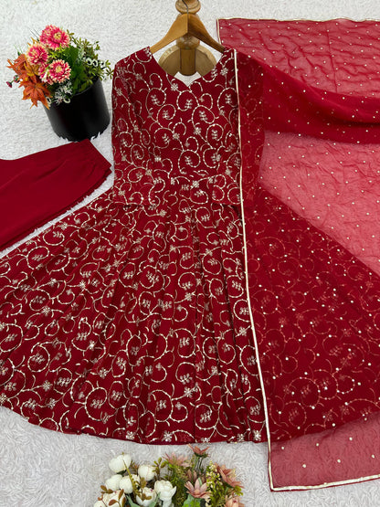 Maroon Georgette With Embroidery Sequence Work Anarkali Salwar Suit