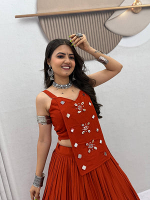Fully stitched rust orange cotton Navratri lehenga choli for dandiya
