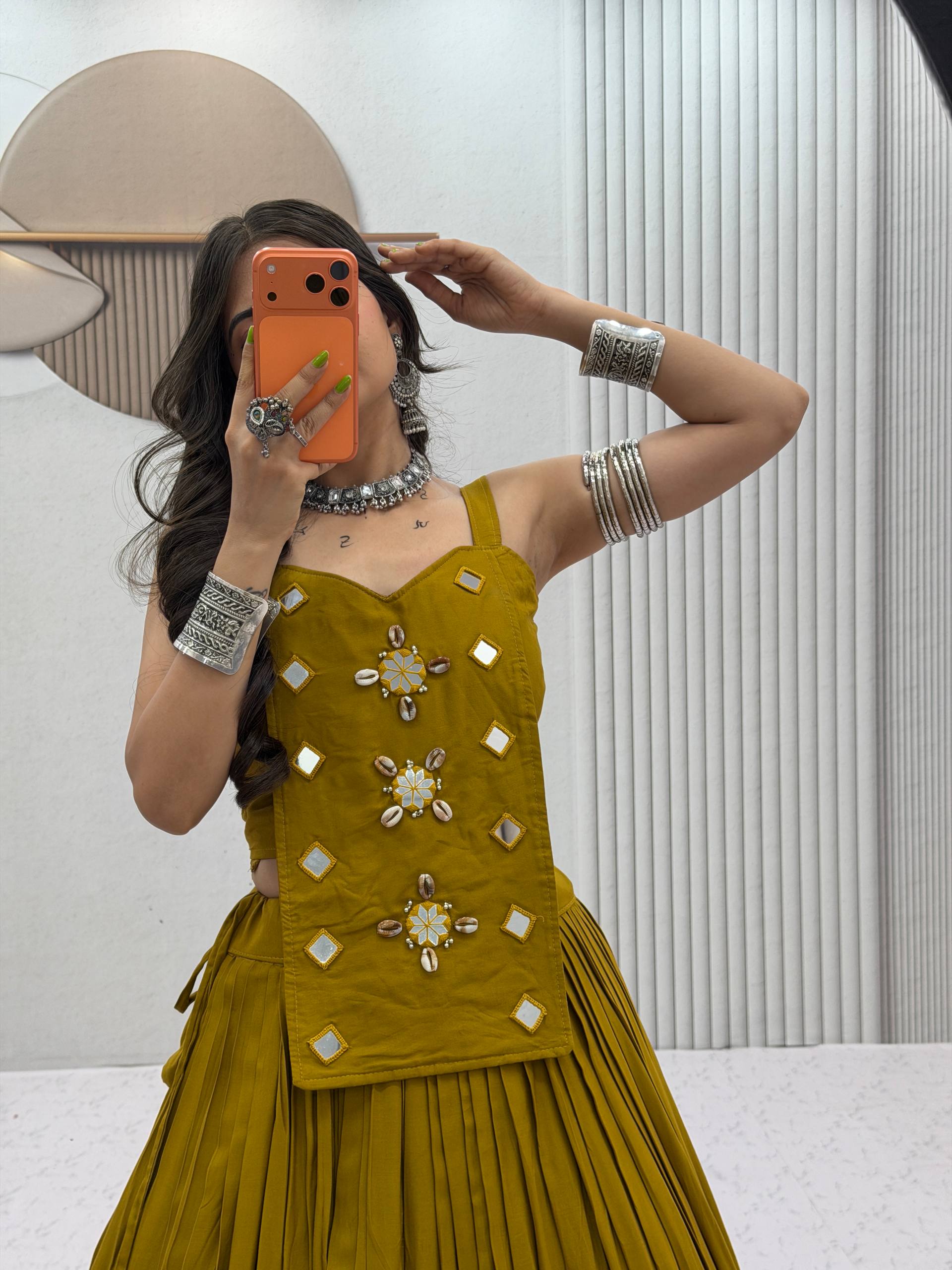 Navratri lehenga mehndi green cotton with gota hem trim and kodi blouse
