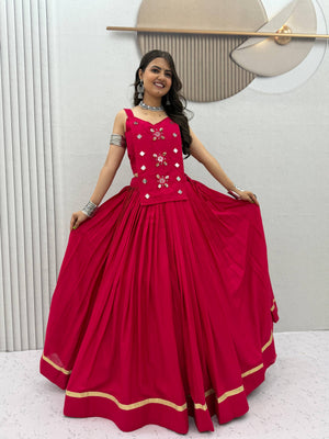 Rani pink pure cotton Navratri lehenga choli with real kodi and mirror hand work
