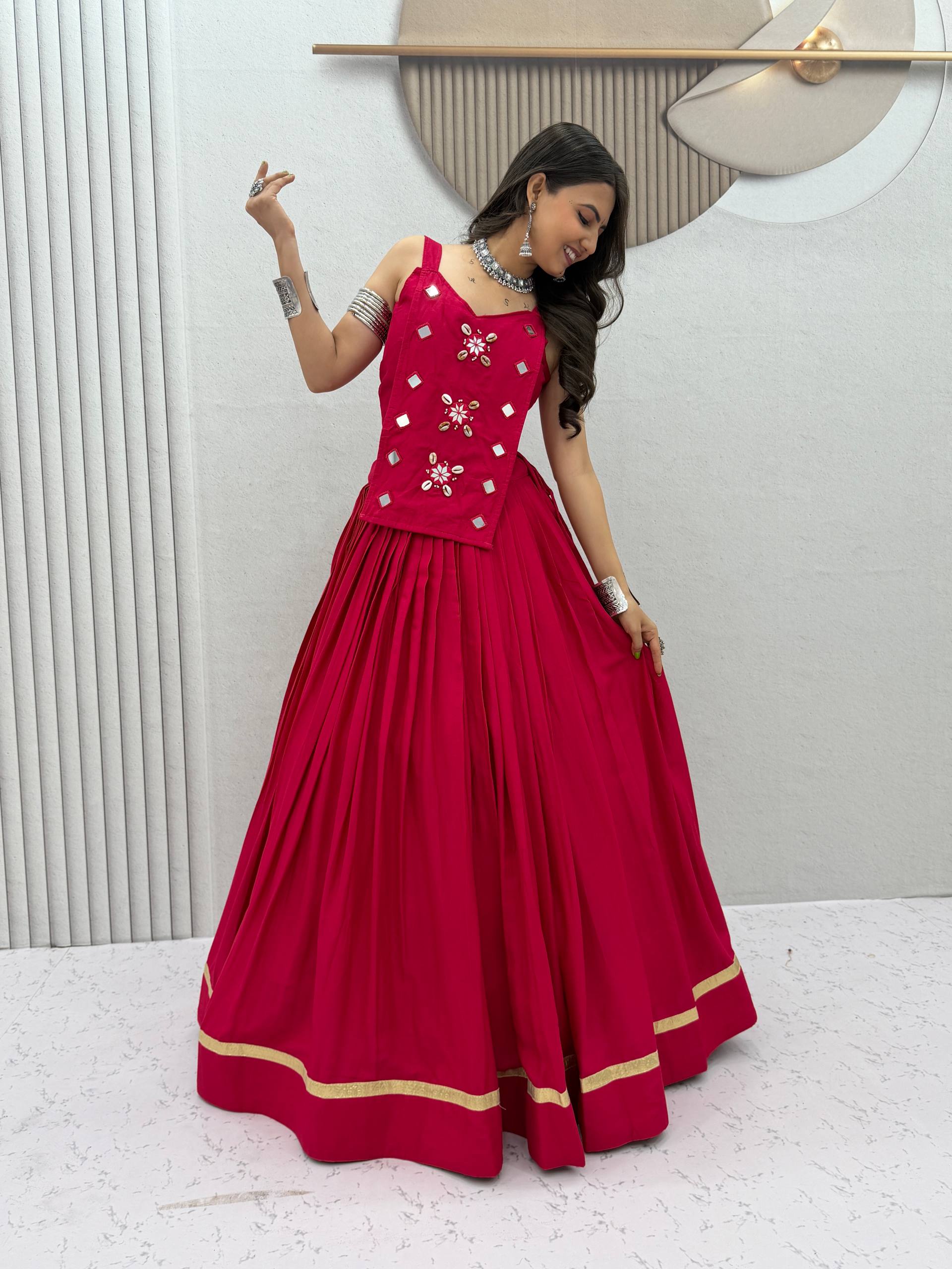 Boho Navratri lehenga choli rani pink with mirror and shell hand work for garba

