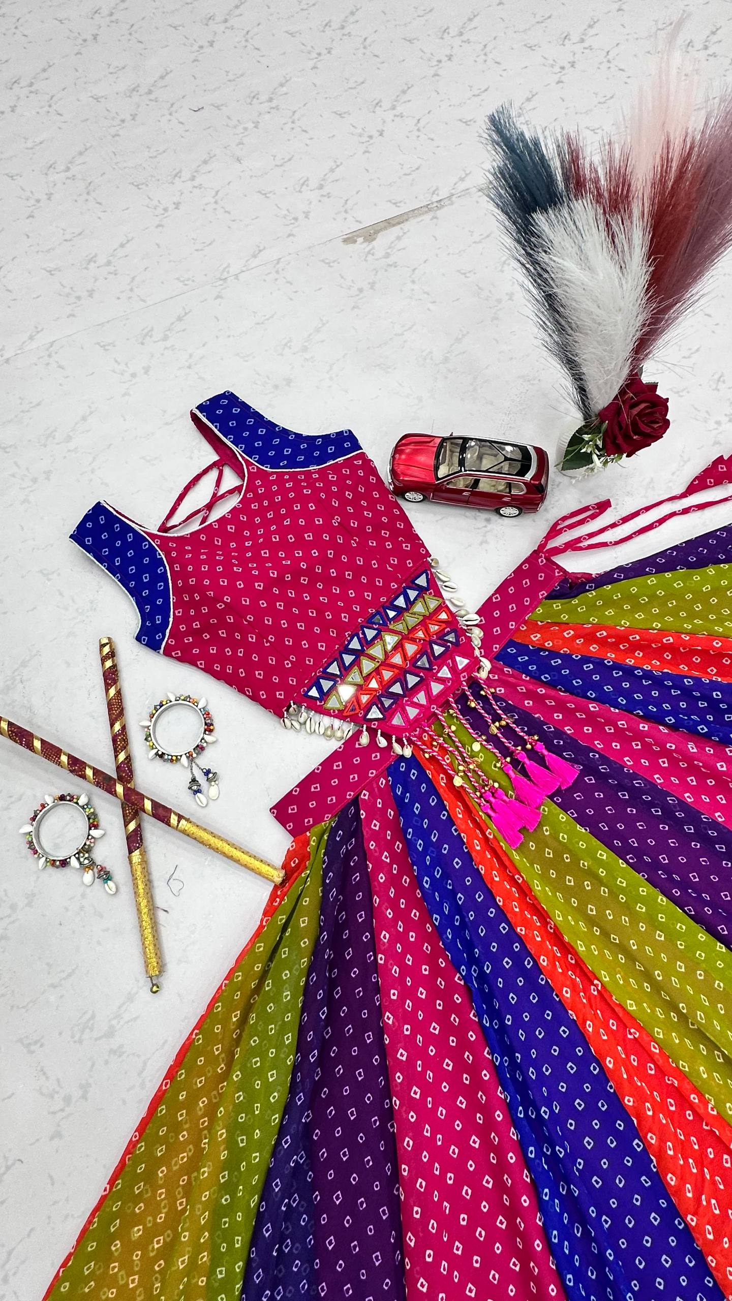 Traditional Gujarati rainbow chaniya choli with bandhej print for garba ready to wear
