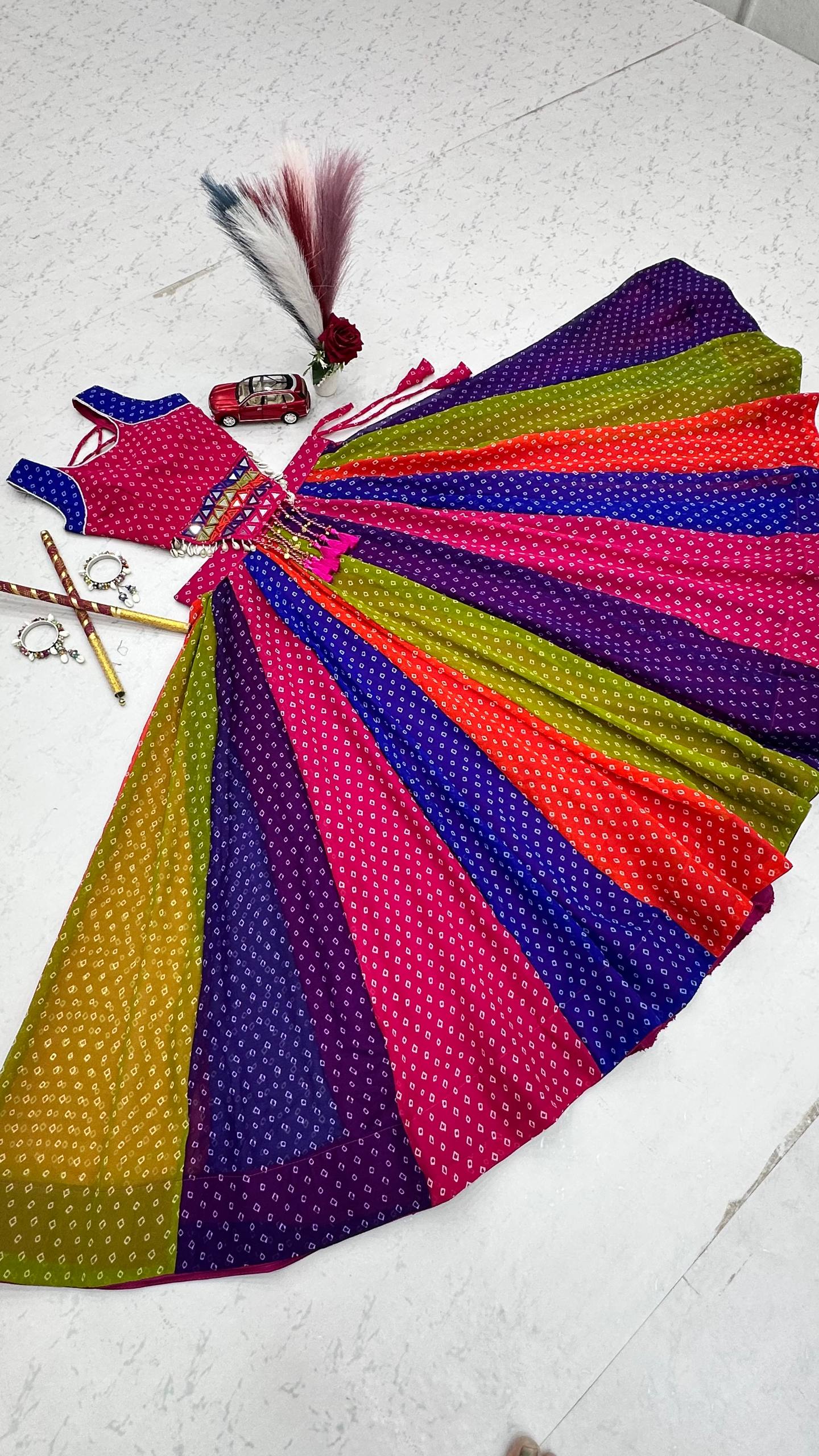 Multicolour georgette cotton Navratri chaniya choli with mirror kandora belt for dandiya
