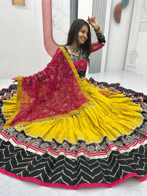 Yellow black mirror work Navratri chaniya choli with bandhani dupatta ready to wear
