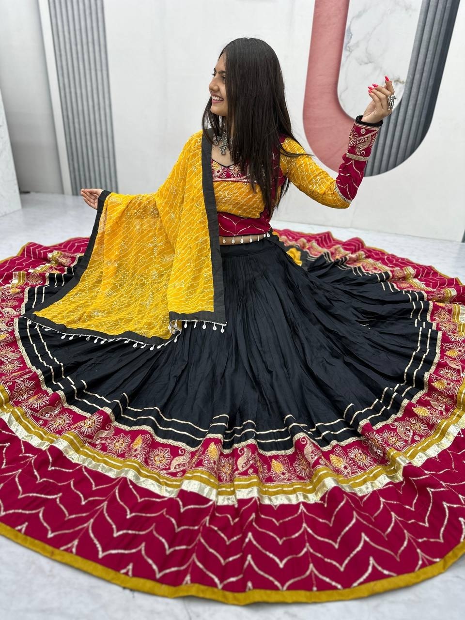 Black rani pink mirror work Navratri chaniya choli with bandhani dupatta ready to wear
