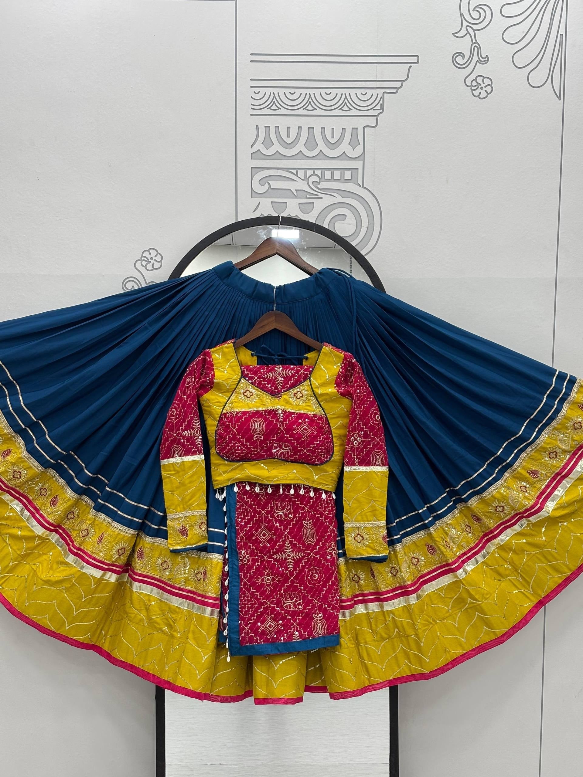 Teal blue yellow mirror work Navratri chaniya choli with bandhani dupatta ready to wear
