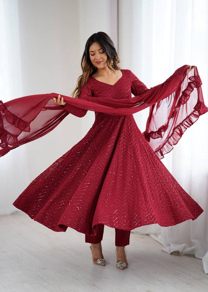 Maroon Georgette Lukhnowi Sequence Work Anarkali Salwar Suit