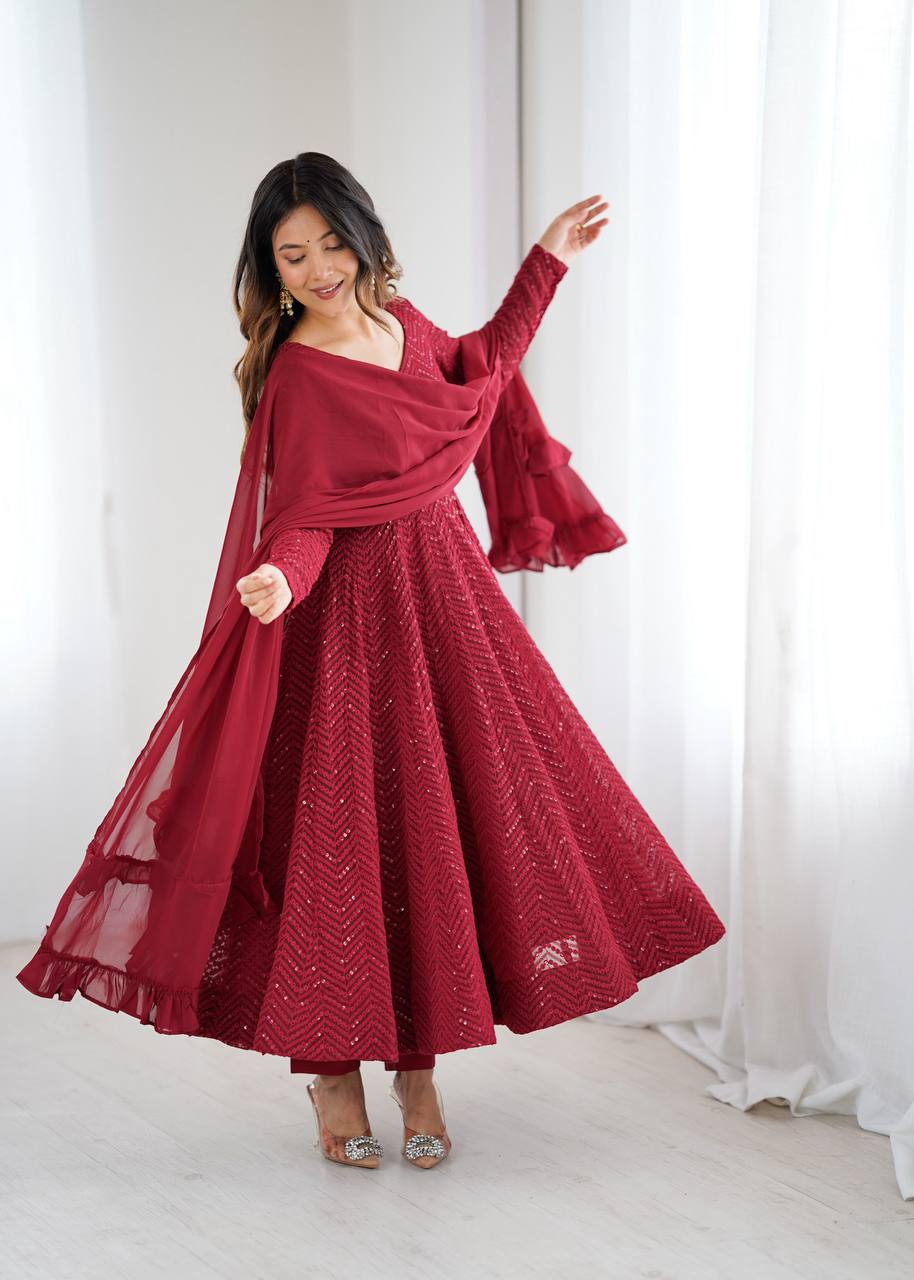 Maroon Georgette Lukhnowi Sequence Work Anarkali Salwar Suit