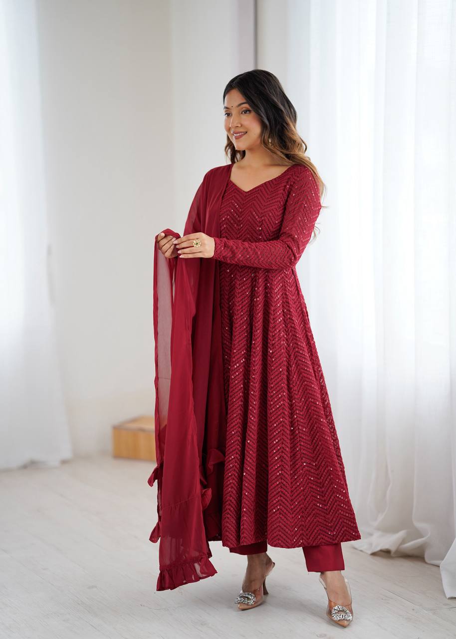 Maroon Georgette Lukhnowi Sequence Work Anarkali Salwar Suit