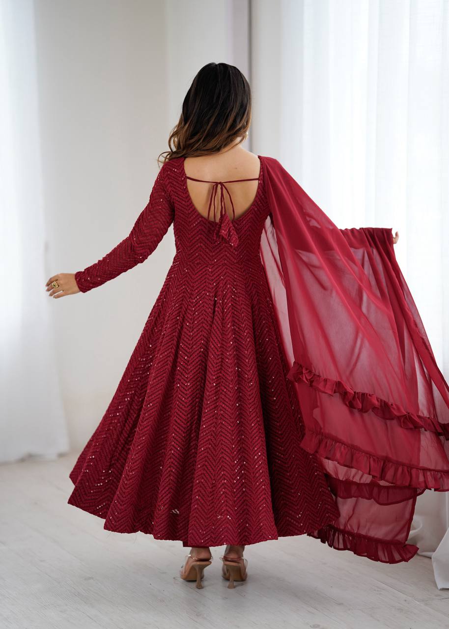 Maroon Georgette Lukhnowi Sequence Work Anarkali Salwar Suit