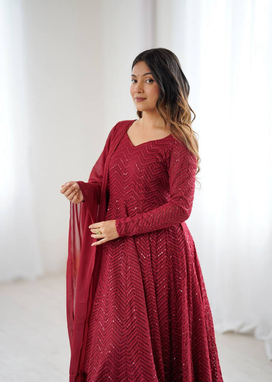 Maroon Georgette Lukhnowi Sequence Work Anarkali Salwar Suit