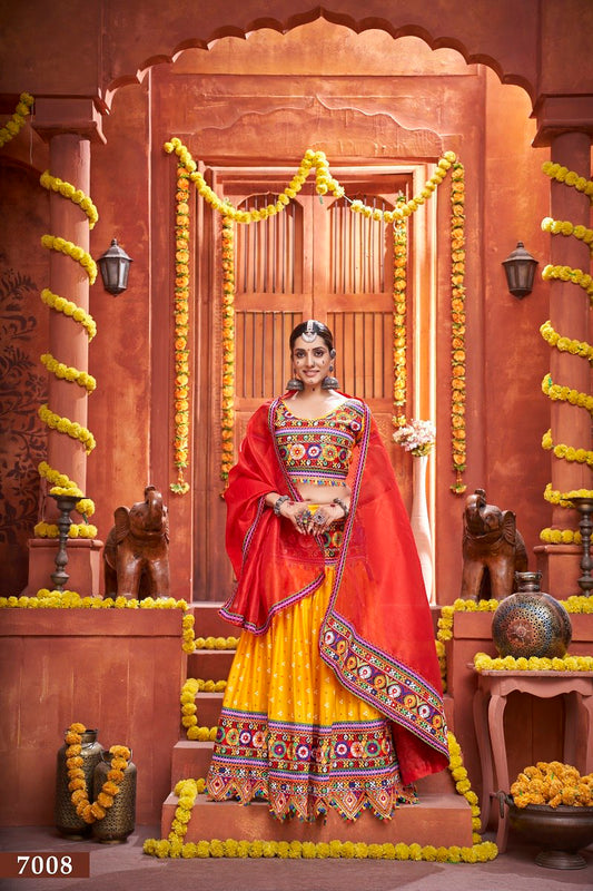 Yellow Rajwadi Mix Cotton Silk Bandhni Print With Gamti Real Mirror Navratri Lehenga Choli