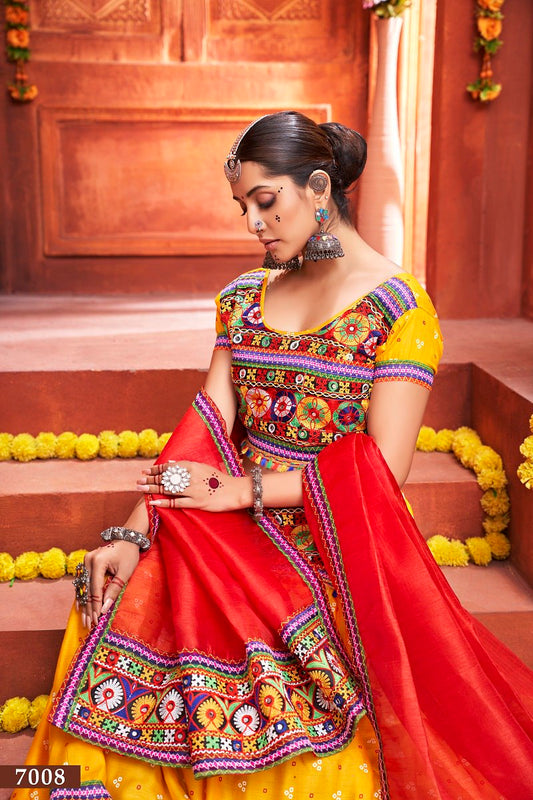 Yellow Rajwadi Mix Cotton Silk Bandhni Print With Gamti Real Mirror Navratri Lehenga Choli