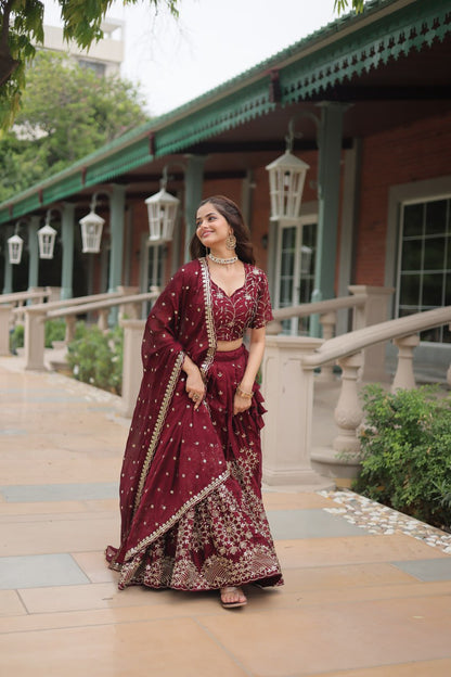 Maroon Color Rangoli Silk With Heavy Sequins And Thread Embroidered Work Lehenga