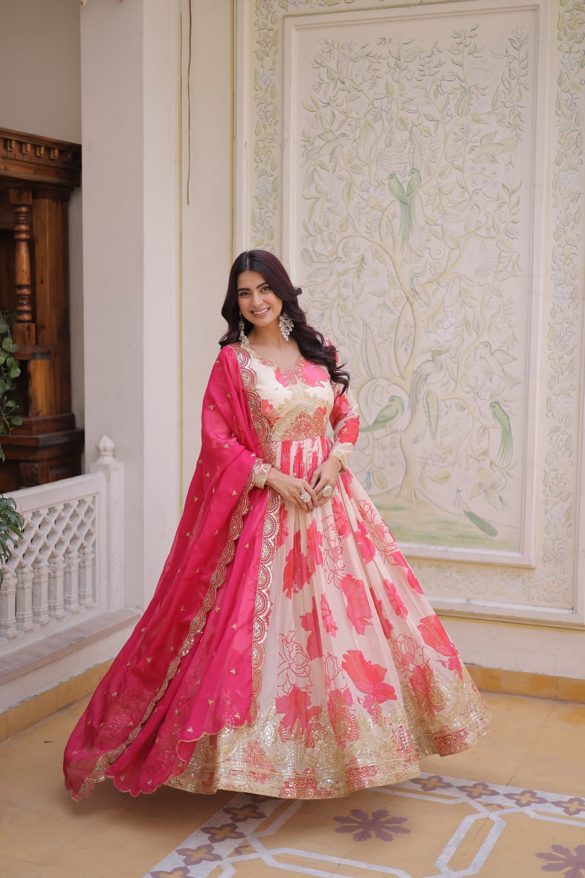 Pink Digital Printed Russian Silk Gown with Embroidery Zari Sequins Work – Designer Party & Wedding Wear Gown
