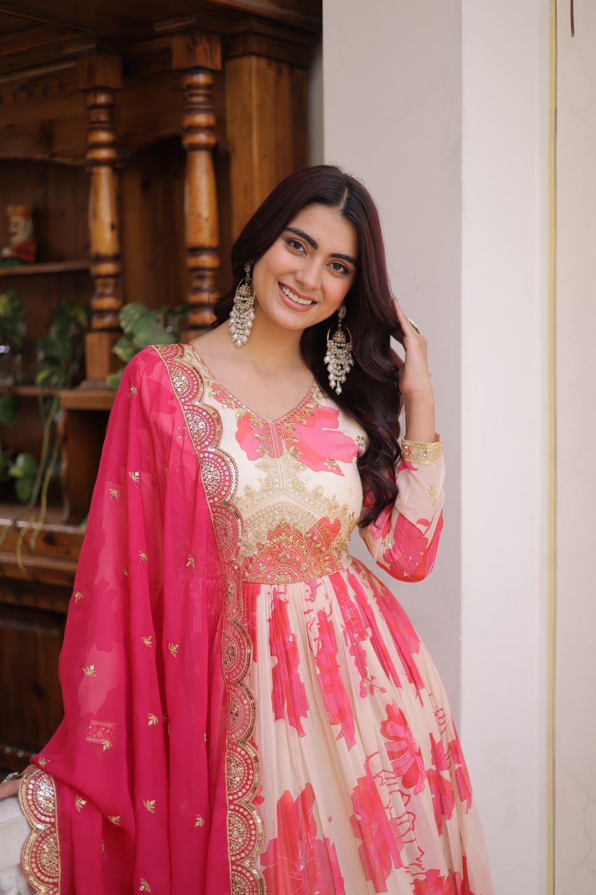 Pink Digital Printed Russian Silk Gown with Embroidery Zari Sequins Work – Designer Party & Wedding Wear Gown