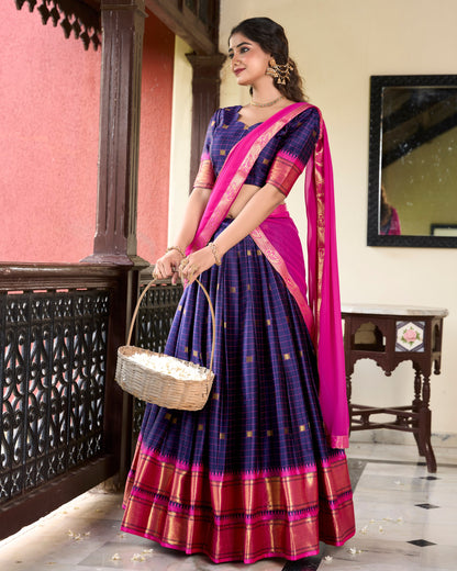 Navy Blue Color Cotton Silk Weaving Work With Paithani Concept Lehenga