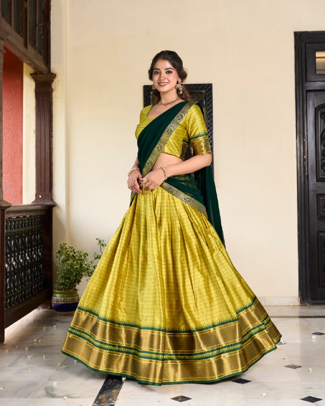 Parrot Color Cotton Silk Weaving Work With Paithani Concept Lehenga