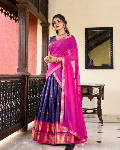 Navy Blue Color Cotton Silk Weaving Work With Paithani Concept Lehenga