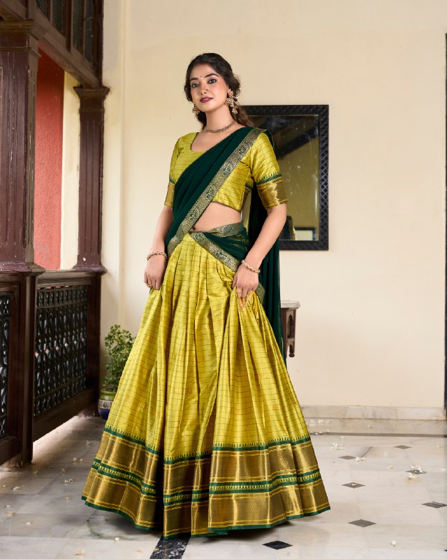 Parrot Color Cotton Silk Weaving Work With Paithani Concept Lehenga