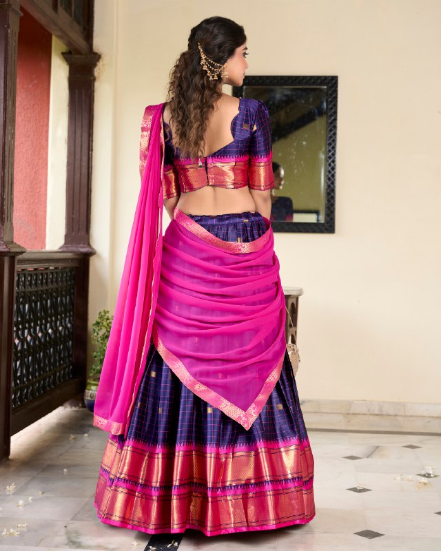 Navy Blue Color Cotton Silk Weaving Work With Paithani Concept Lehenga