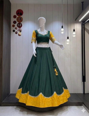 Green yellow contrast Navratri chaniya choli for garba and dandiya
