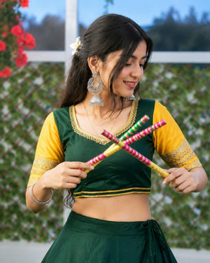 Garba lehenga choli green with yellow scalloped border and contrast sleeve blouse
