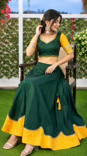 Navratri lehenga bottle green rayon with sequins lace and yellow hem border
