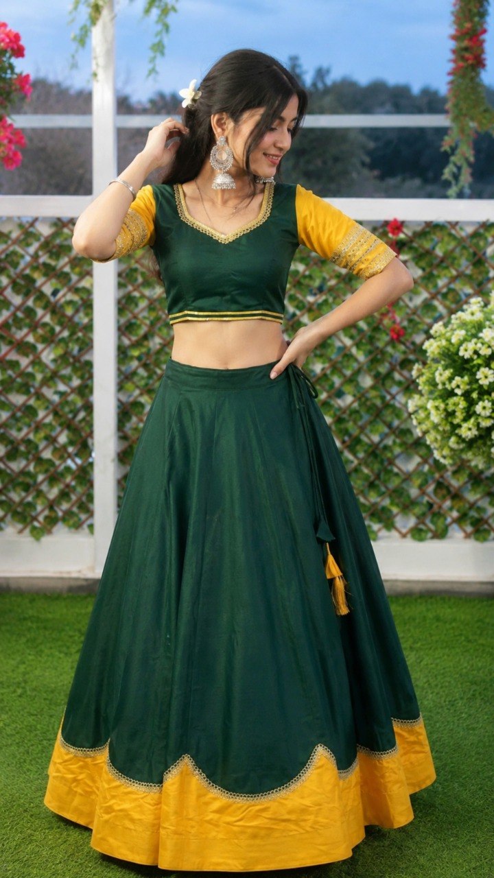 Bottle green and yellow pure rayon Navratri lehenga choli with sequins lace
