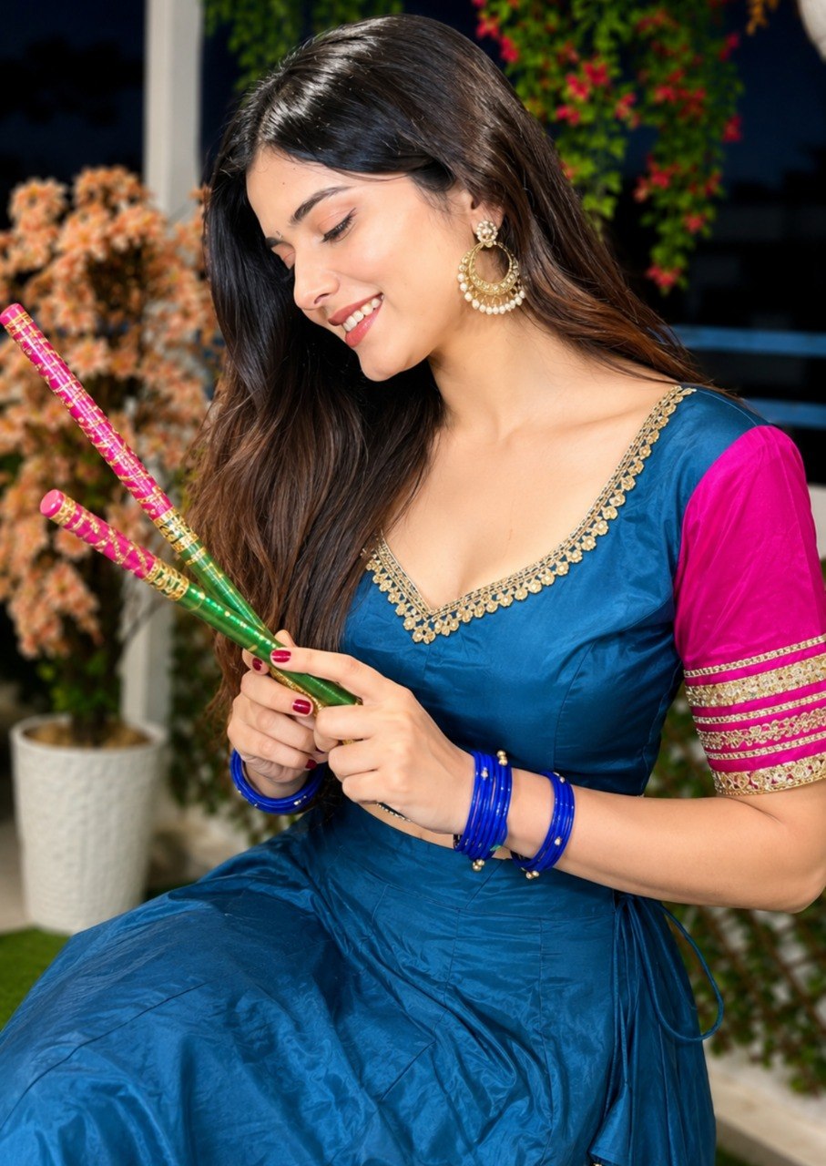Garba lehenga choli teal blue with pink scalloped border and contrast sleeve blouse
