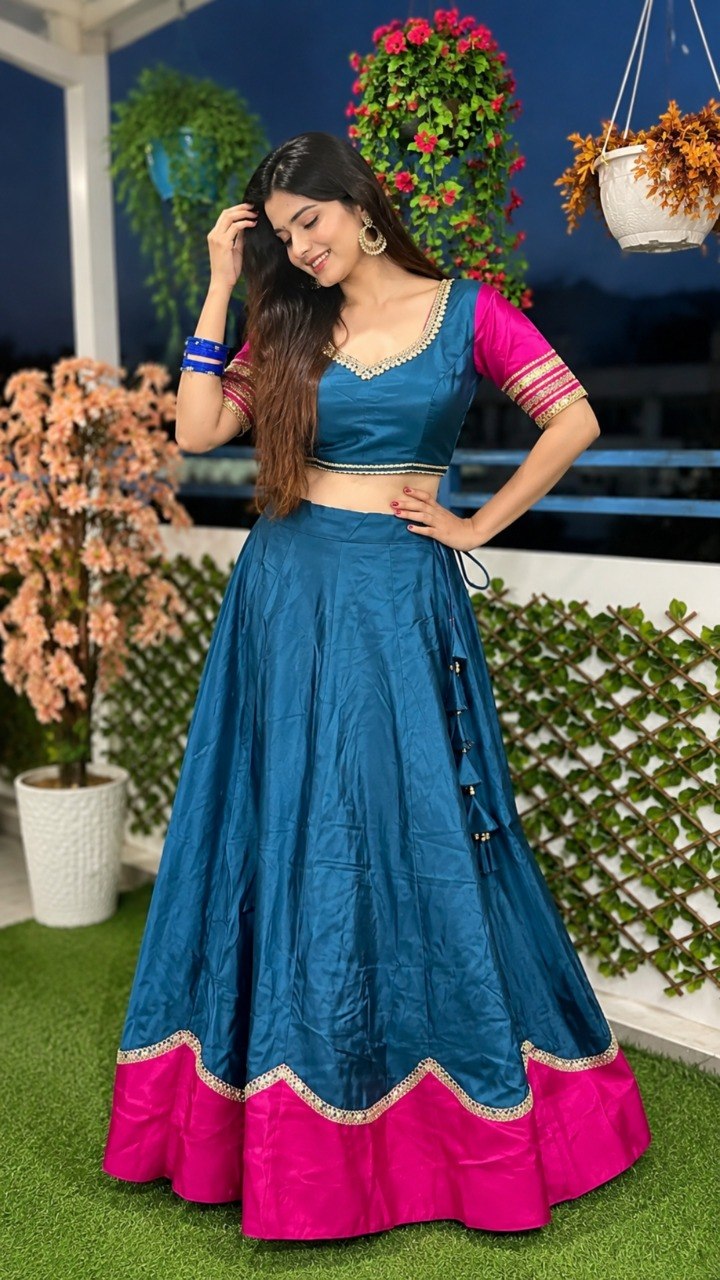 Teal blue and rani pink pure rayon Navratri lehenga choli with sequins lace
