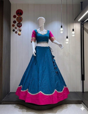 Pure rayon Navratri lehenga choli teal blue with scalloped sequins border

