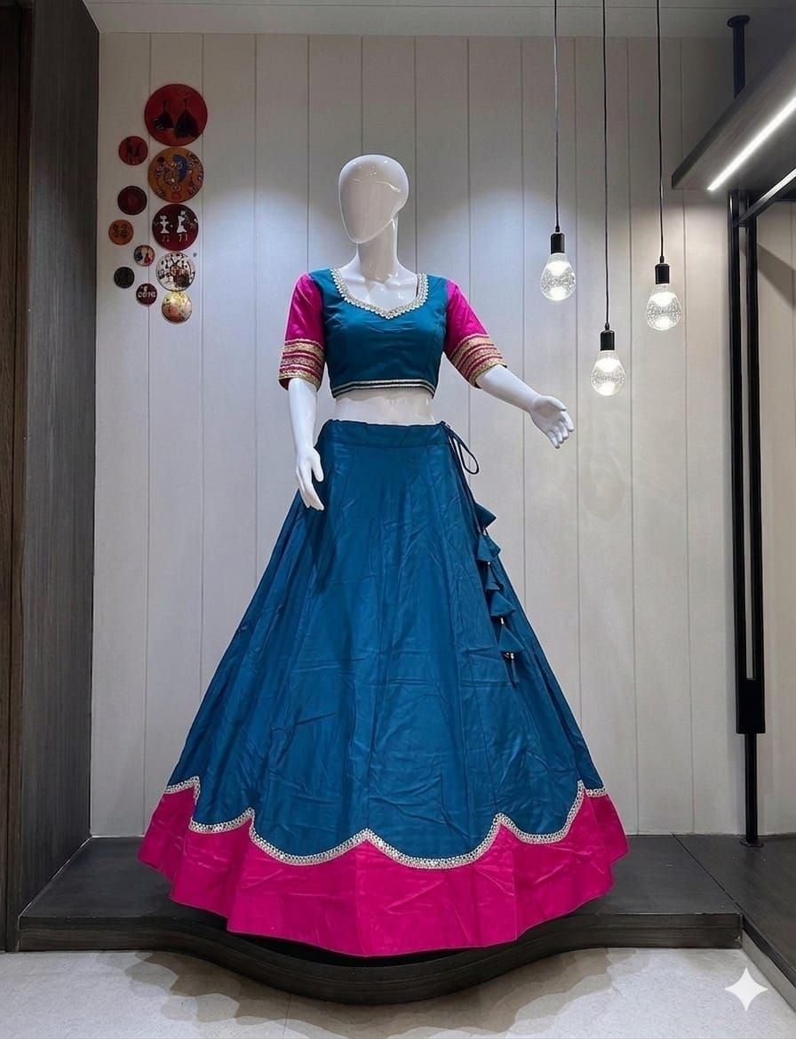 Pure rayon Navratri lehenga choli teal blue with scalloped sequins border
