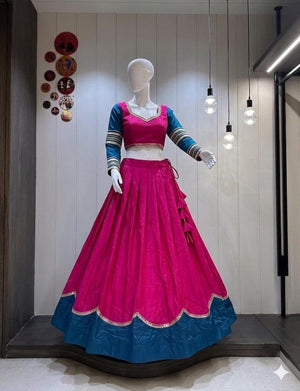 Pure rayon Navratri lehenga choli rani pink with scalloped sequins border
