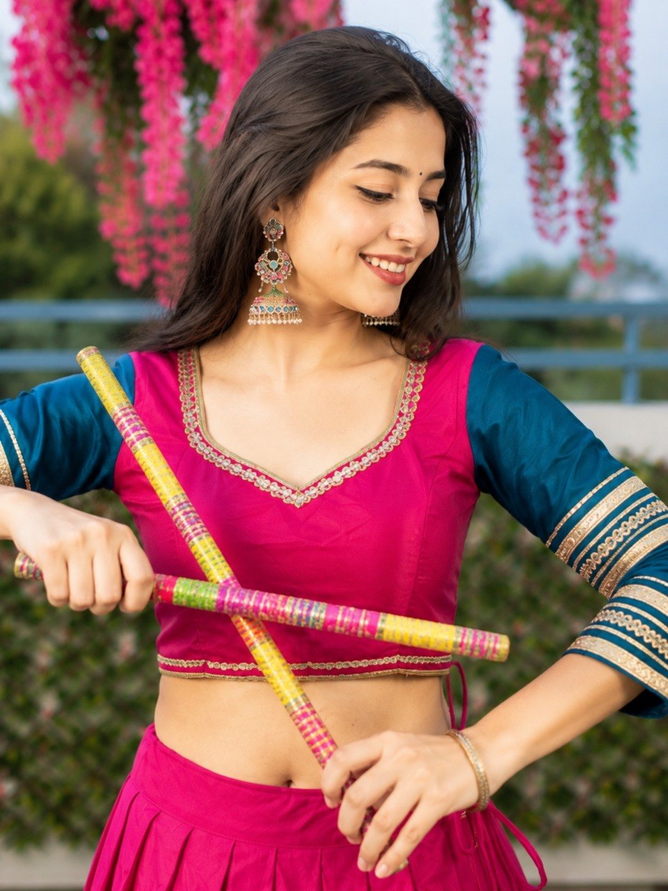 Garba lehenga choli rani pink with blue scalloped border and contrast sleeve blouse

