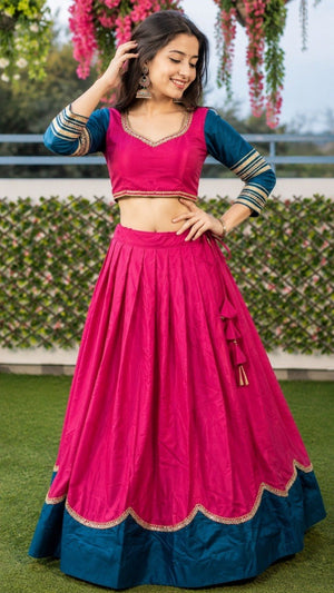 Rani pink and teal blue pure rayon Navratri lehenga choli with sequins lace
