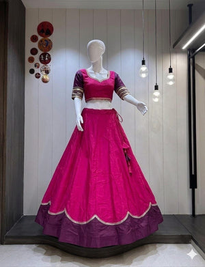 Pure rayon Navratri lehenga choli rani pink with scalloped sequins border
