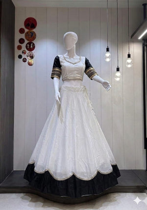 Pure rayon Navratri lehenga choli off-white with scalloped sequins border
