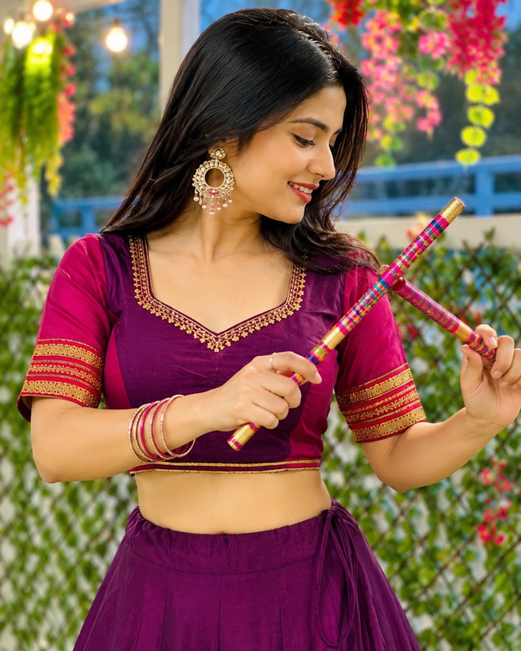 Navratri lehenga purple rayon with sequins lace and rani pink hem border
