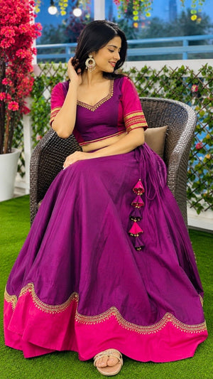 Purple pink contrast Navratri chaniya choli with latkan tassels for garba
