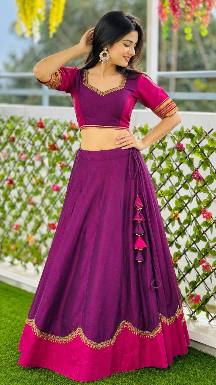 Garba lehenga choli purple with pink scalloped border and contrast sleeve blouse
