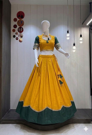 Pure rayon Navratri lehenga choli mustard yellow with scalloped sequins border

