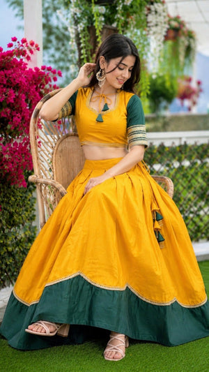 Yellow green contrast Navratri chaniya choli with latkan tassels for garba
